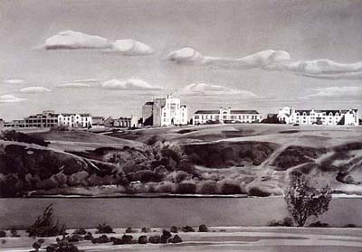 Watercolour painting of the USask campus seen from across the South Saskatchewan River