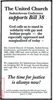 Newspaper advertisement placed by the Saskatchewan Conference of the United Church of Canada in the Regina Leader-Post.June 12, 1993.
