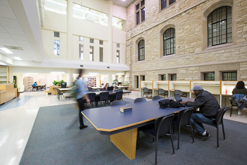 Tables and study carrels in the Science library, ground floor. 