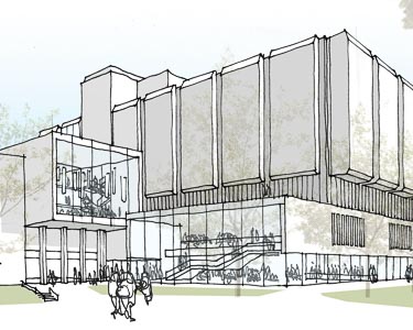 Architectural drawing of the exterior of the Murray Library. 